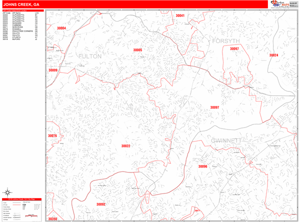 Johns Creek City Digital Map Red Line Style